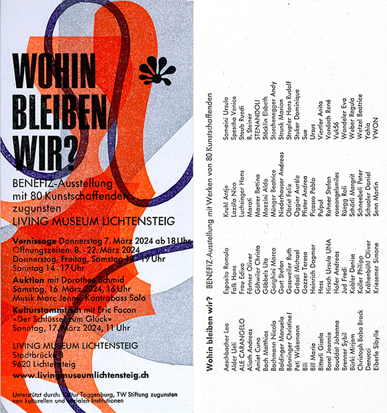 Einladungskarte BENEFIZ-Ausstellung mit 80 Kunstschaffenden zugunsten LIVING MUSEUM LICHTENSTEIG